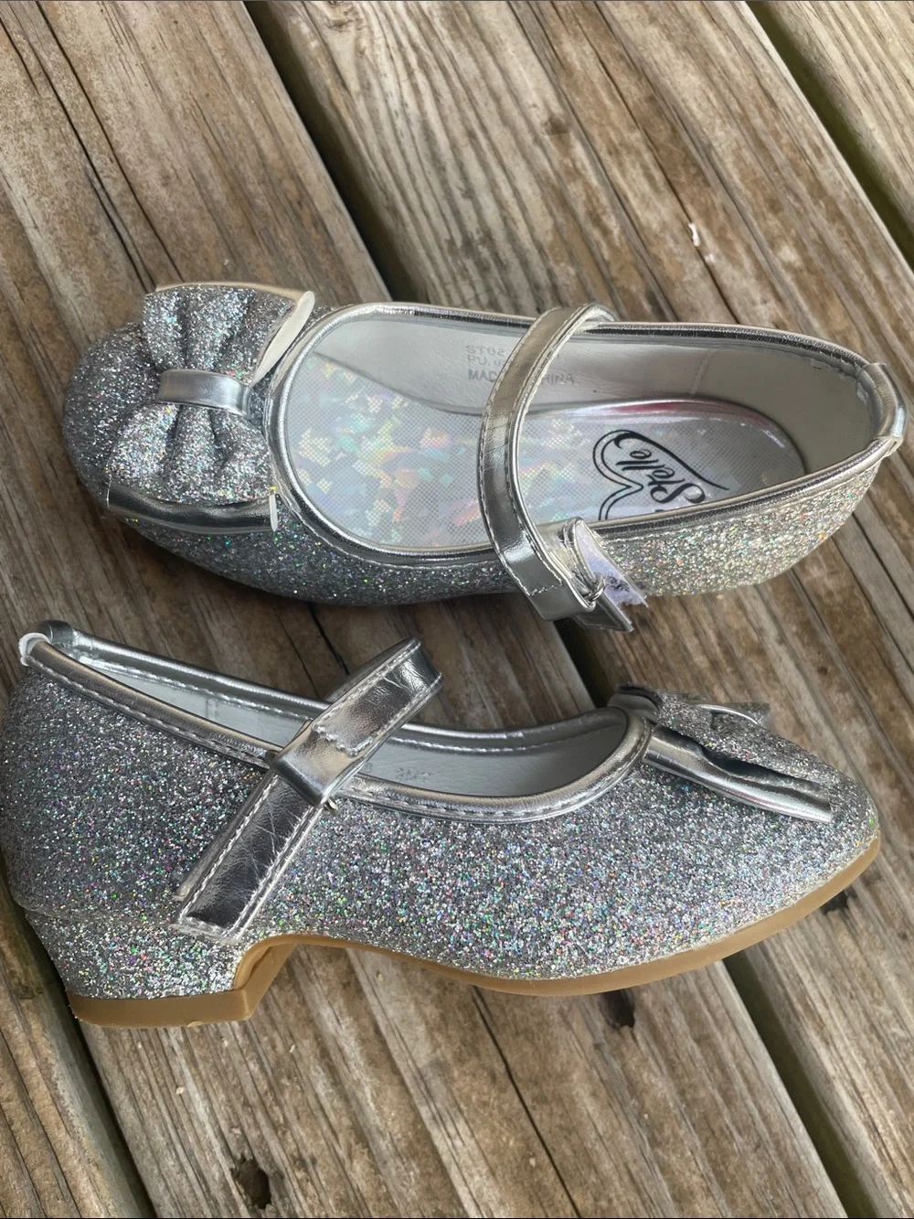 Cherokee Girls Silver Glitter Mary Jane Bow Dress Shoes Size 9